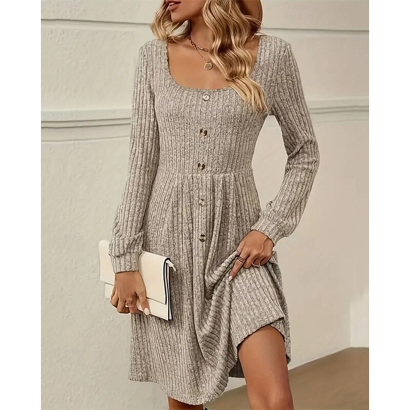 Women's Midi Dress Casual Dress Fashion Modern Daily Date Weekend Regular Fit Plain Long Sleeve Square Neck Black Khaki Gray Spring Fall