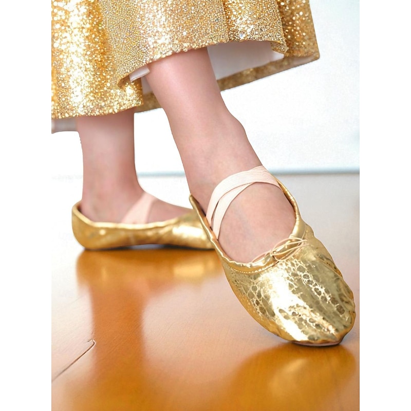 Women's Gold Metallic Ballet Flats with Cross Elastic Straps - Professional Dance Shoes