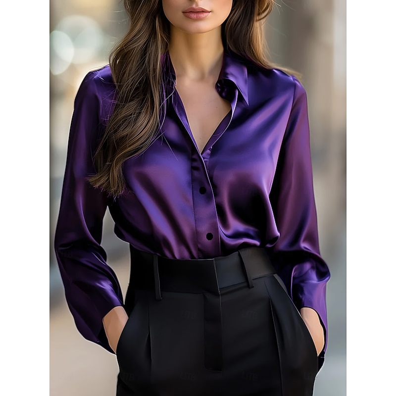 Women's Shirt Dressy Tops Formal Work Shirt Solid Color Elegant Stylish Basic Long Sleeve Collar Party Evening Wear Date Night Outfits Black Red Navy Blue Purple Brown Spring Spring Fall Winter