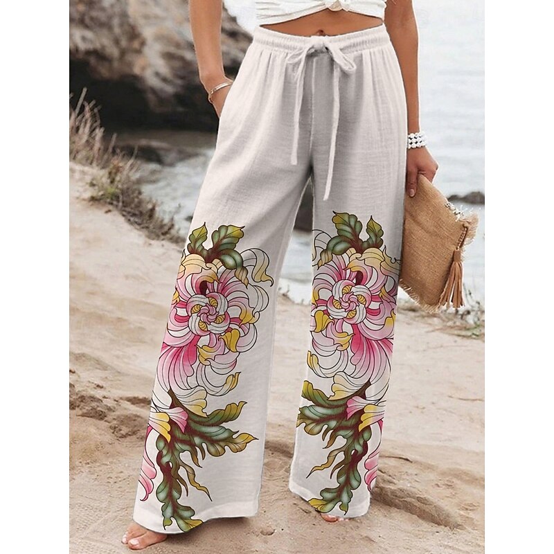 Women's Wide Leg Pants Trousers Vacation Casual Long High Waist Floral Elastic Waist Printing High Cut Breathability Soft Micro-elastic Vacation Street Daily Wear Beige Spring Fall Regular Fit