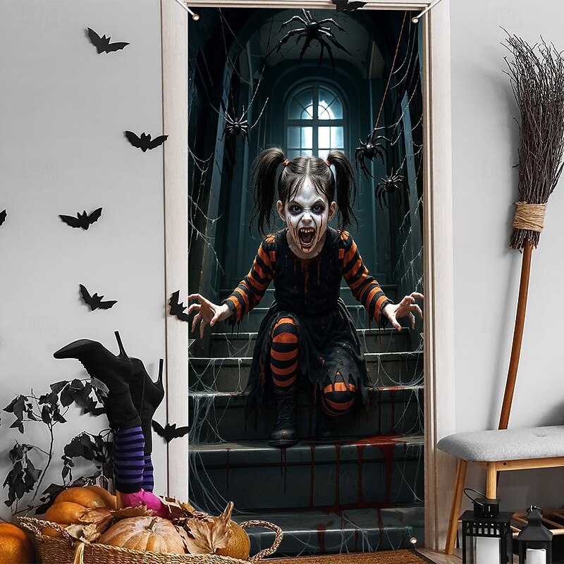 Halloween Door Covers Haunted Stairway Creepy Girl Door Curtain Decoration Backdrop Door Banner for Front Door Farmhouse 2025 Halloween Holiday Party Indoor Outdoor Decor Supplies2