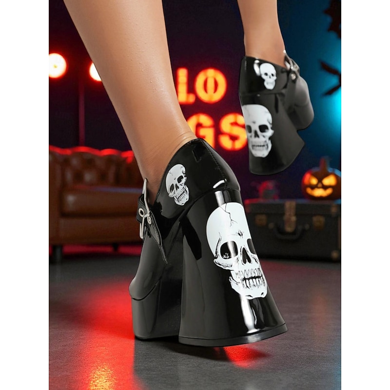 Women's Black Platform Mary Jane Heels with Skull Print and Star Buckle – Gothic Halloween Costume Shoes for Punk Fashion, Cosplay and Themed Events2