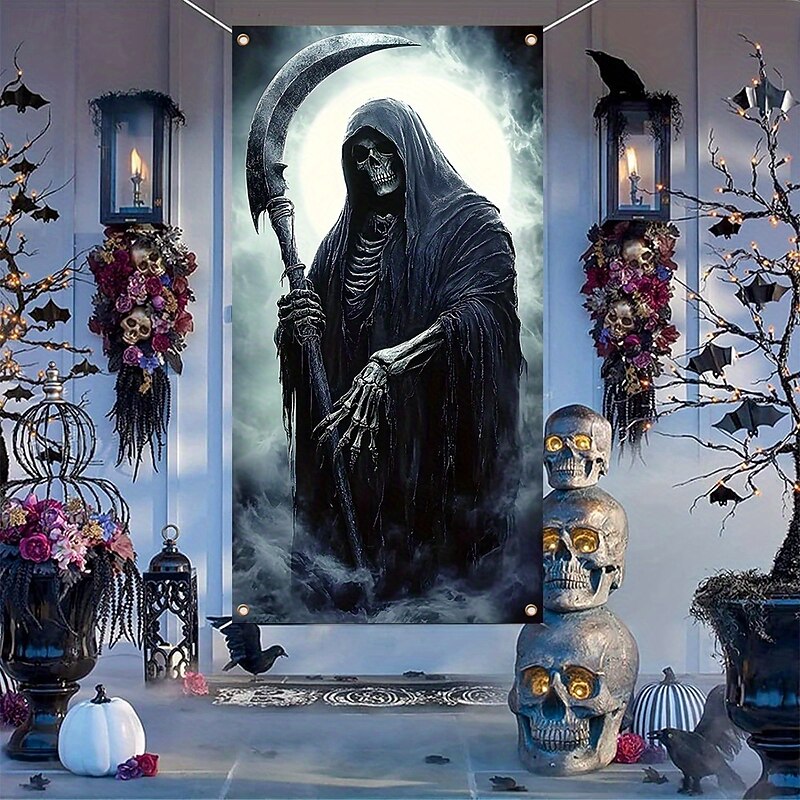 Skeleton Reading on Toilet Halloween Door Cover – Funny Spooky Bathroom Decor for Indoor Outdoor Front Porch or Room3