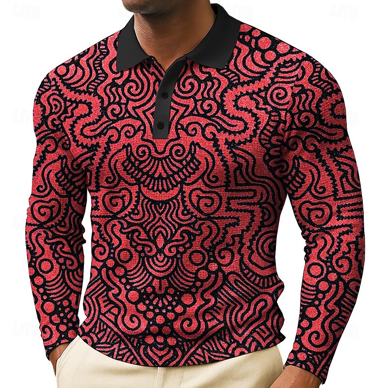 Men's Graphic Waffle Polo Shirts Long Sleeve Polo Shirts Collared Shirts Vintage Casual Daily Wear Buttons Spring Fall Winter Black Red Blue4