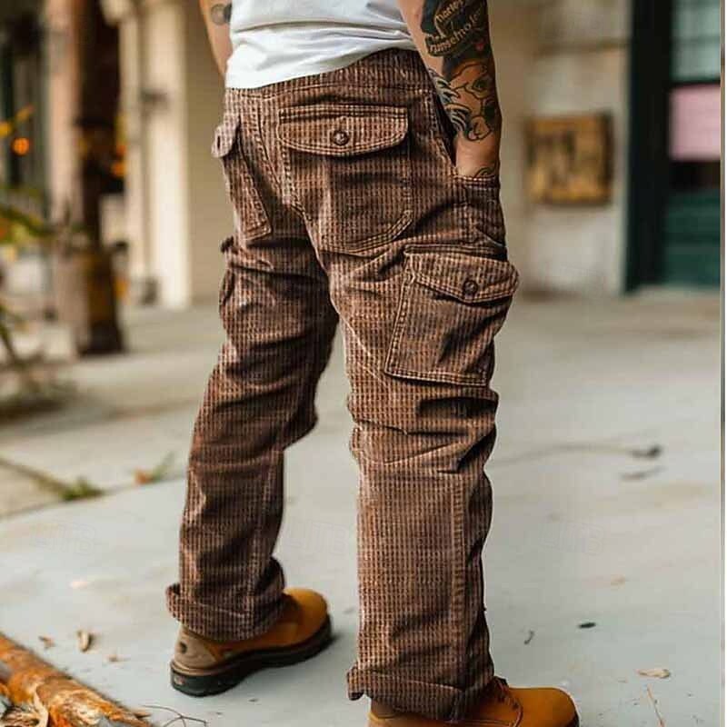 Men's Cargo Pants Corduroy Pants Trousers Buttons Multi Pocket Plain Wearable Outdoor Daily Camping & Hiking Fashion Classic Brown Green