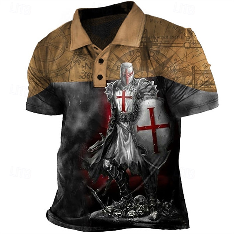Men's Knights Templar Polo Shirts Golf Shirt Short Sleeve Polo Shirts Collared Shirts Vintage Casual Vacation Wear Festival Wear Party Outfits Buttons 3D Print Red Blue Purple