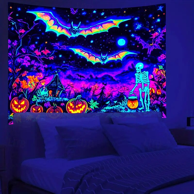 Halloween Blacklight Tapestry with Bats and Pumpkins – UV Reactive Fluorescent Glowing Skeleton Wall Hanging for Halloween Party, Trippy Spooky Wall Decor for Bedroom Living Room4