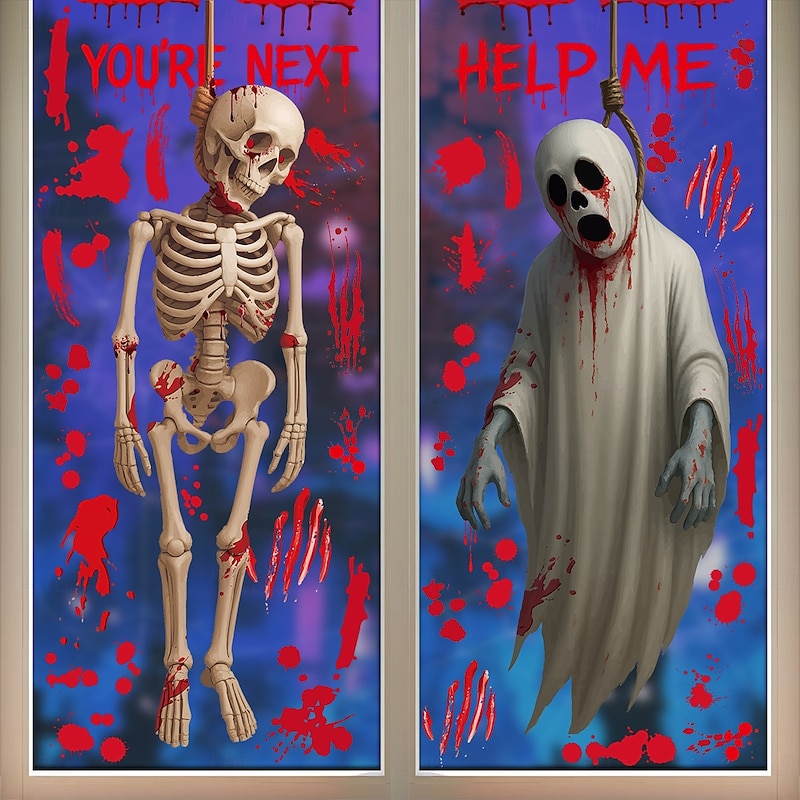 Halloween Window Cling Wall Sticker Decals Decorations, Scary Ghosts, Bloody Stains & Skulls, Static Cling, Halloween Party Home & Store Decor