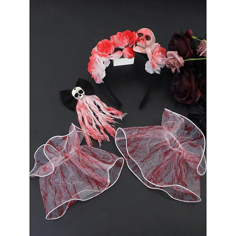 Women's Halloween Bloody Bride Costume Accessories Set - Skull and Rose Headband, Bloody Lace Wrist Cuffs and Horror Veil Props for Zombie, Vampire and Scary Party Outfits3