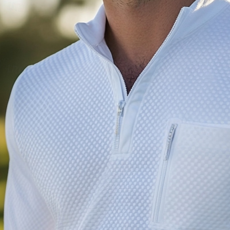 Men's Waffle Polo Shirts Quarter Zip Polo Outdoor Causal Quarter Zip Long Sleeve Fashion Modern Solid Color Textured Knitted Spring &  Fall All Seasons Regular Fit White Waffle Polo Shirts2