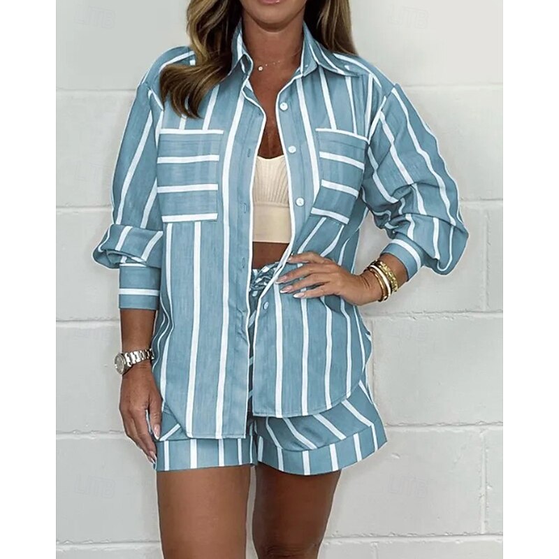 Women's Active Fashion Shirt Blouse Shorts Sets Long Sleeve Shirt Collar Striped Daily Wear Going out Weekend Black White Light Green Fall Regular Fit4