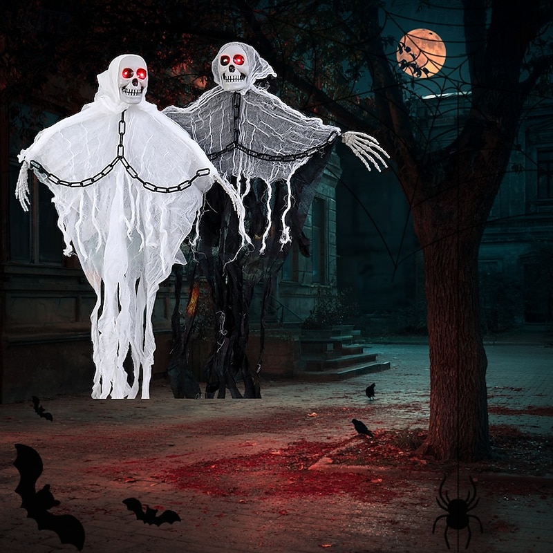 2 Pcs 85cm Halloween decoration chains hanging ghosts, skulls, gauze, grimace, glowing sound, indoor and outdoor courtyard gatherings, terrifying and eerie atmosphere, decorative lights