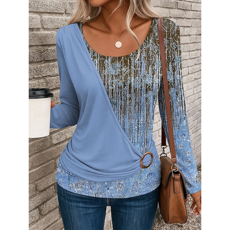 Women's T Shirt Ombre Geometric Vintage Casual Long Sleeve Crew Neck Regular Tops Daily Patchwork Print Pink Blue Purple Green Khaki Summer Fall Winter3