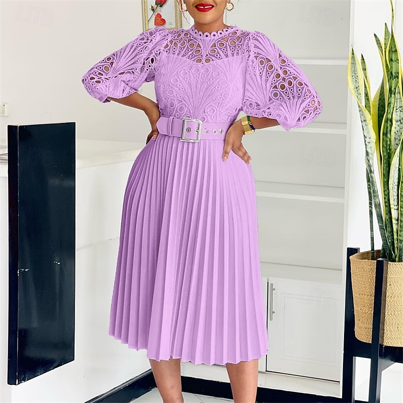 Women's Midi Dress Lace Dress Casual Dress Fashion Outdoor Party Holiday Regular Fit Plain 3/4 Length Sleeve Crew Neck Purple Green Khaki Summer
