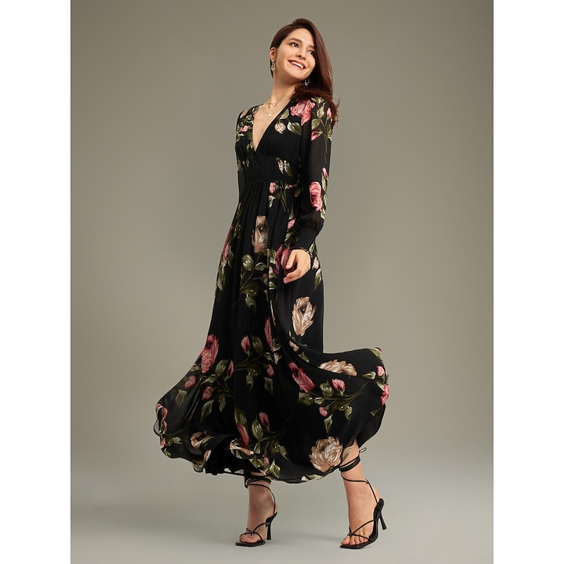 Women's Chiffon Dress A Line Dress Hem Maxi Long Dress Maxi Dress Black Long Sleeve Floral flowers and plants Plants Pattern Ruched Print Summer Spring Spring and Summer V Neck Elegant A Line beach2
