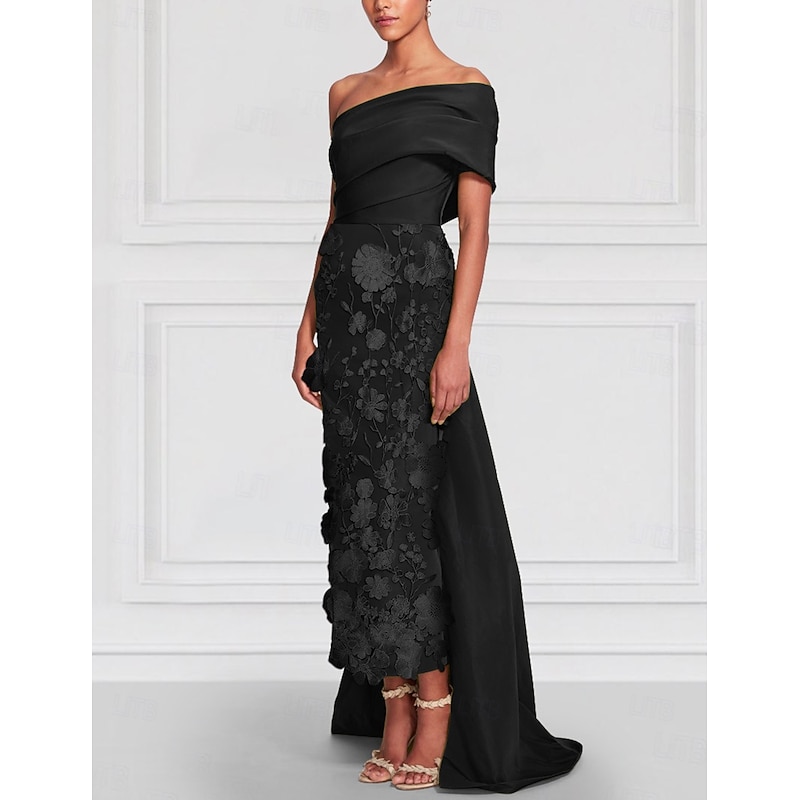 Embroidered Lace Applique Sheath / Column Cocktail Dresses Elegant Dress Formal Wedding Tea Length Sleeveless Off Shoulder Taffeta with Bow(s) 20254