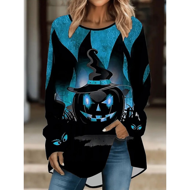 Halloween Women's T shirt Pumpkin Graphic Vintage Stylish Classic Long Sleeve Crew Neck Round Neck Long Tops Daily Print Blue Purple Orange Green Spring Fall2