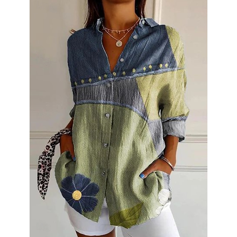 Women's Shirt Graphic Geometric Vintage Daily Casual Long Sleeve Shirt Collar Regular Tops Daily Holiday Print Sage Green Yellow Brown Khaki Summer Spring4