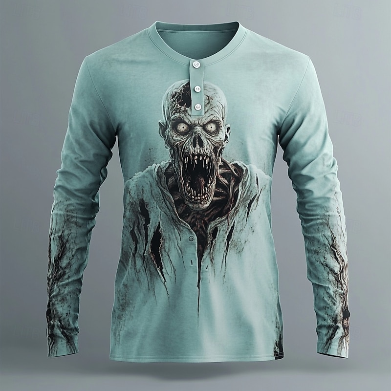 Men's Halloween Graphic Zombies Henley Shirt Long Sleeve Fashion Cute Daily Halloween Casual Holiday Fall Spring &  Fall Green Red Blue Purple Gray Henley Henley T-Shirt