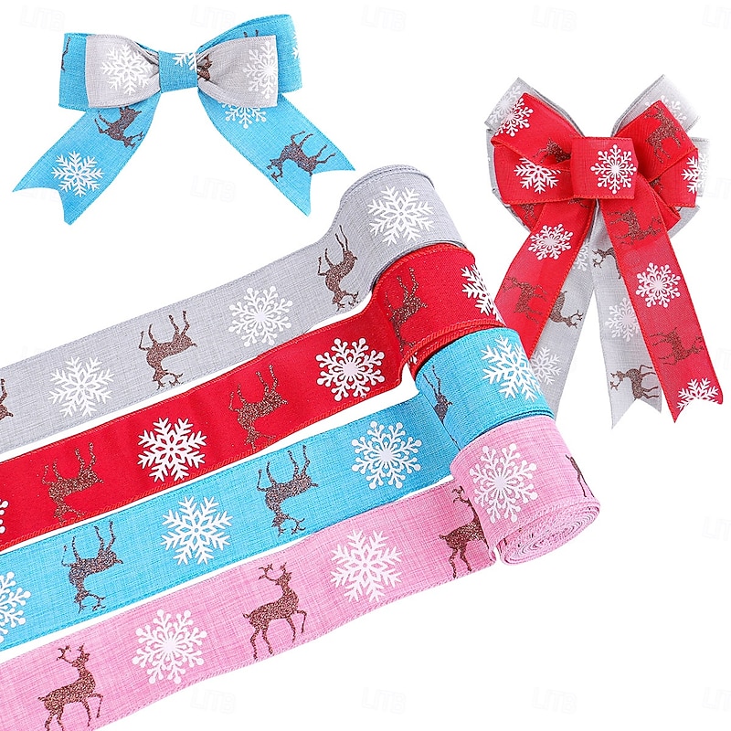 Christmas Ribbons for Crafting, Xmas Wired Edge Ribbon, Reindeer Bow Decoration, Gift Wrap Ribbon, Christmas Tree Ornament, Festive Holiday Supplies4