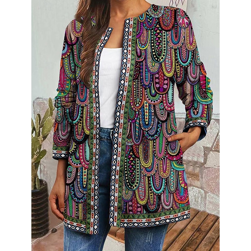 Women's Casual Jacket Dailywear Pocket Floral Warm Fashion Regular Fit Outerwear Long Sleeve Spring Gray Green4