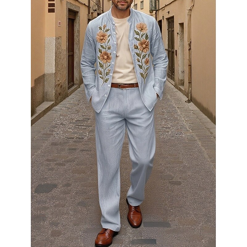 Men's Lightweight Jacket Casual Jacket Set Vacation Daily Breathable Embroidery 2 Piece Spring Fall Floral Fashion Classic Stand Collar Regular Yellow Blue Jacket