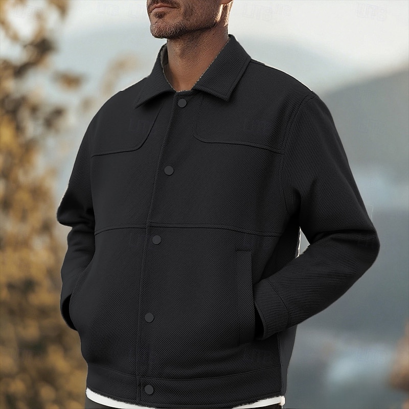 Men's Shirt Jacket Winter Jacket Plain Vacation Daily Wear Black Green Long Sleeve Lapel Fall Winter Clothing Apparel Pocket2