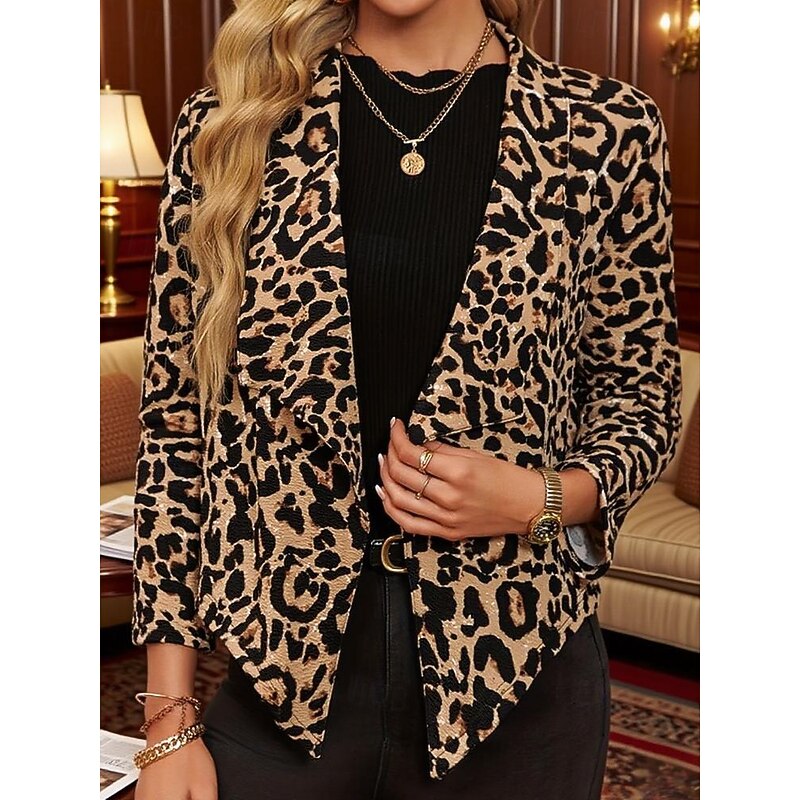 Women's Blazer Comfortable Print Fashion Outdoor Leopard Going out Casual Daily Weekend Cardigan Short Lapel Regular Fit Long Sleeve Outerwear Brown Spring Fall