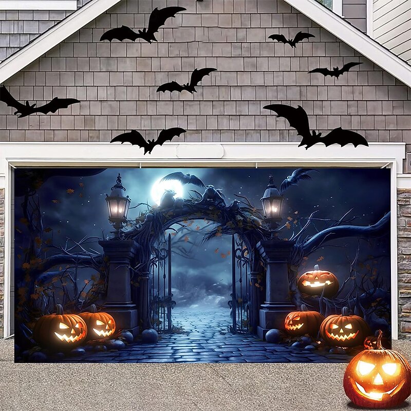 Halloween Tapestry Garage Door Cover Large Hanging Backdrop Cemetery Dark Punk Gothic Style Party Outdoor Shooting Backgrounds Yard Haunted House Home Decor3
