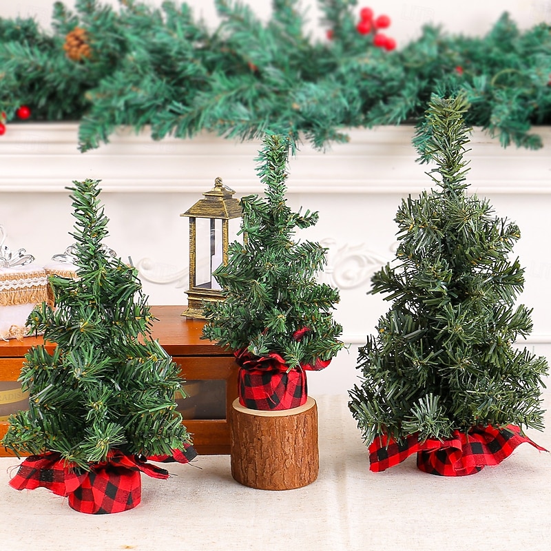Christmas Mini Tree Tabletop Desktop Artificial Christmas Tree Xmas Decor Red Black Plaid Pine Needle Faux Tree for Holiday Party Window Display Festive Home Decoration Accessory