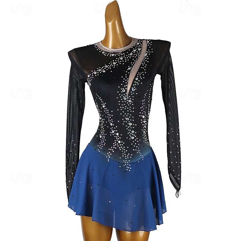 Figure Skating Dress Women's Girls' Ice Skating Dress Black+Red Blue Black Patchwork Open Back Mesh Spandex High Elasticity Training Practice Professional Skating Wear Classic Crystal / Rhinestone