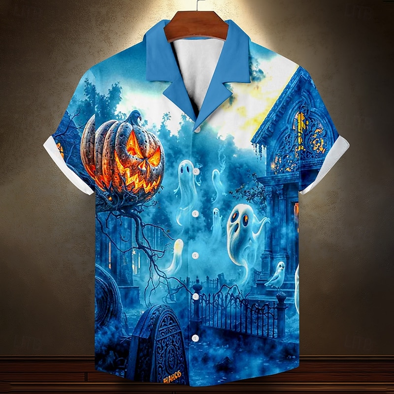 Halloween Men's Pumpkin Ghost Halloween Costumes Shirt Cuban Collar Shirt Button Up Shirt Short Sleeve Dark Gothic Style Holiday Summer Camp Collar Shirt 3D Print Blue