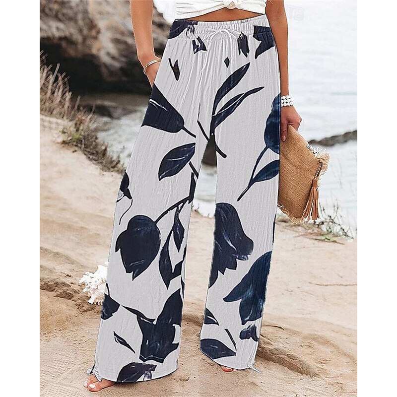 Women's Wide Leg Pants Trousers Palazzo Pants Fashion Boho Full Length High Waist Flower Drawstring Elastic Waist Print Breathability Comfortable Street Daily Wear Going out White Pink Blue Spring