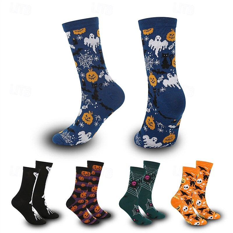 Halloween Cartoon Print Socks with Skull and Pumpkin Design, Unisex Moisture-Wicking Mid-Calf Casual Socks for Autumn and Winter