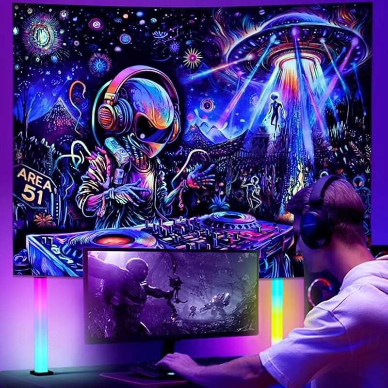 Alien DJ Blacklight Tapestry – Area 51 Psychedelic Glow in the Dark Wall Hanging for Bedroom or Living Room Trippy Space Decor3