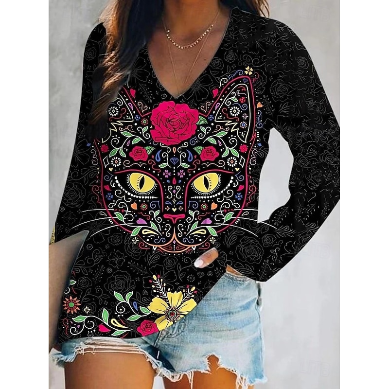 Women's T Shirt Graphic Cat Dragonfly Elegant Bohemia Vintage Long Sleeve V Neck Regular Tops Daily Going out Weekend Print Black and White Black Yellow Blue Dark Green Spring Fall2