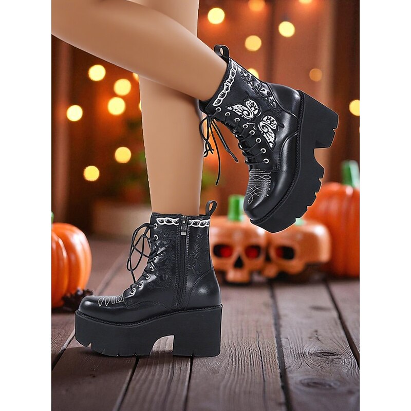 Women's Black Chunky Halloween Lace-Up Platform Boots with Butterfly Embroidery - Goth Streetwear Ankle Boots for Spooky Party and Daily Edgy Outfits3