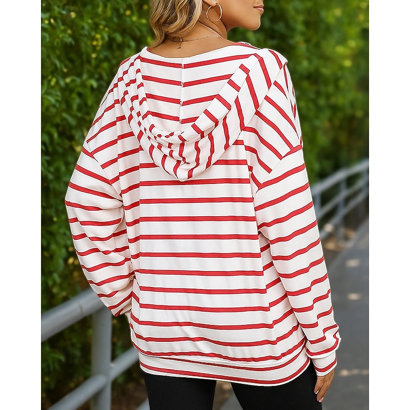 Women's Pullover Sweatshirt Hoodie Trackshirt Drawstring Long Sleeve Top Athleisure Fall V Neck Stripes Breathable Workout Outdoor Training Sportswear Activewear Black White Pink3