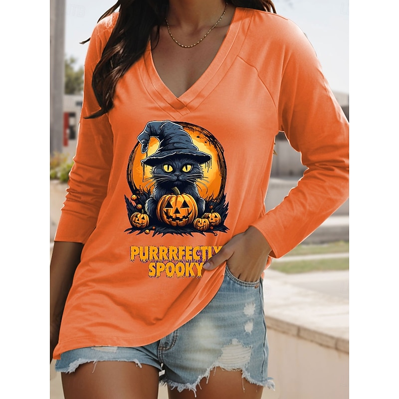Halloween Women's T shirt Witch Long Sleeve Graphic Cat Pumpkin Vintage Stylish Classic Long Sleeve V Neck Regular Tops Daily Print Pink Blue Purple Orange Spring Fall Prefall