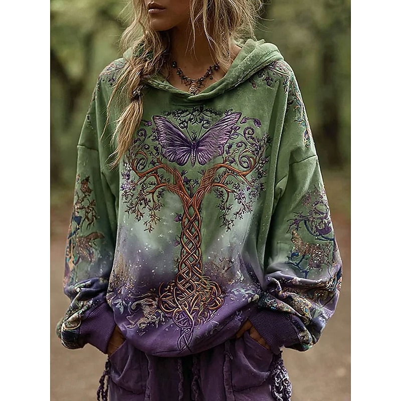 Women's 3D Print Vintage Boho Hoodie Patchwork Hoodie Sweatshirt Floral Pullover Sweatshirt  Butterfly Casual Long Sleeve Hooded  Party Evening Wear Street Dailywear Green Spring Fall Winter