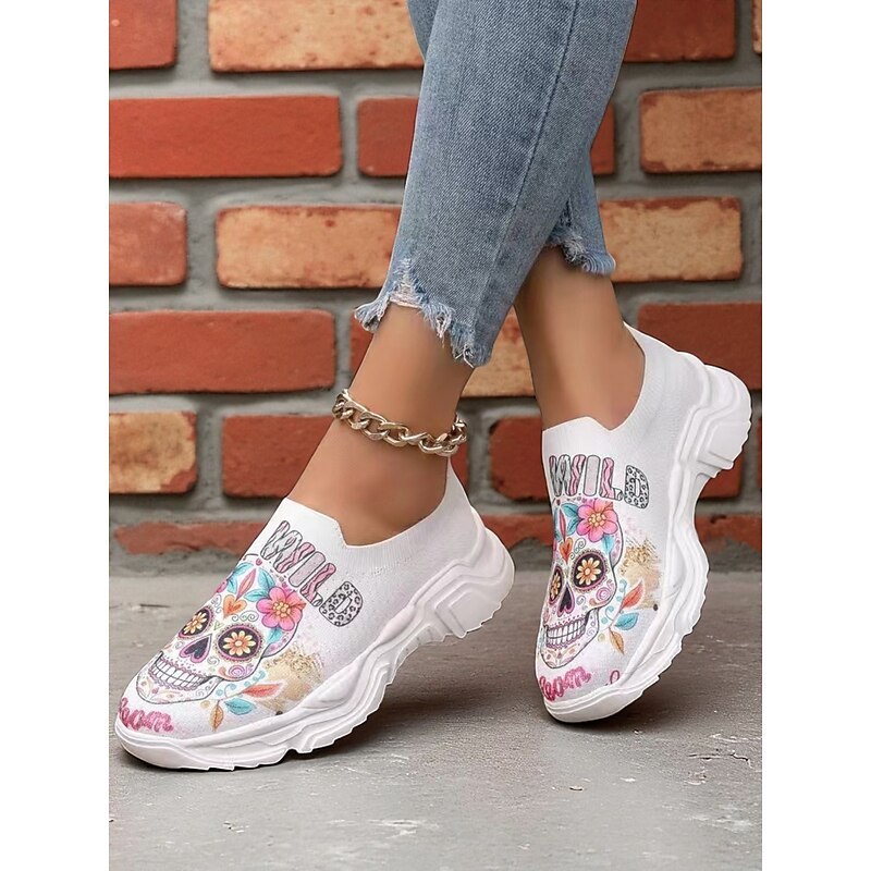 Women's Flyknit Slip-On Sneakers with Colorful Sugar Skull Print – Comfortable Casual Shoes for Halloween, Day of the Dead & Fall Parties