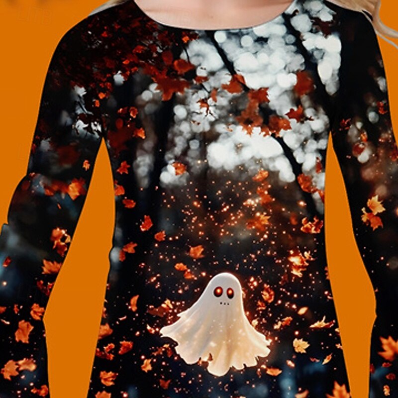Halloween Girls' 3D Ghost Dress Ruffle Dress Long Sleeve Summer Spring Vacation Daily Holiday Beautiful Sweet Kids 4-12 Years Casual Dress Knee-length Regular Fit3