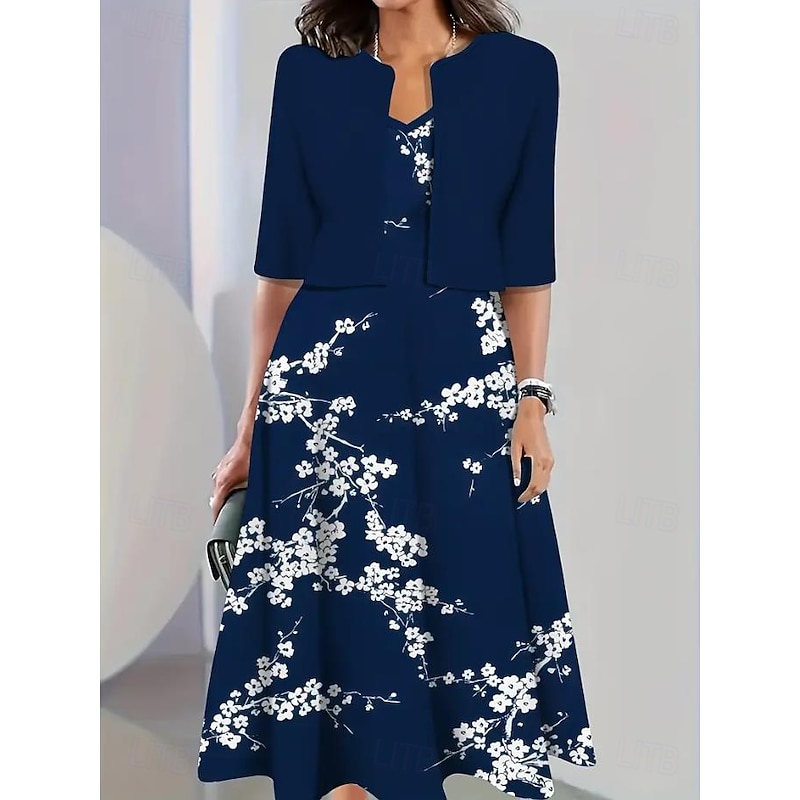 Women's Dress Set A Line Dress Casual Semi Formal Floral Graphic Print Midi Dress Half Sleeve Crew Neck Vacation Date Yellow Blue Beige Summer Spring Regular Fit