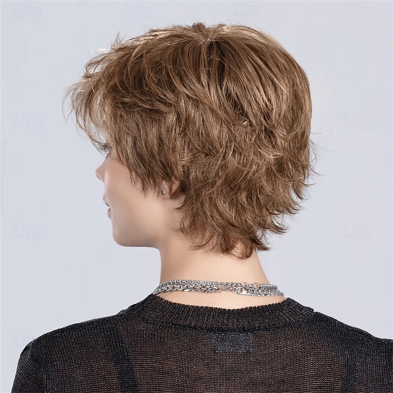 Women’s Short Brown Pixie Wig Layered Tousled Cut with Bangs Natural Looking Realistic Synthetic Hair Heat Resistant Elegant Daily Wear Fashion Style4