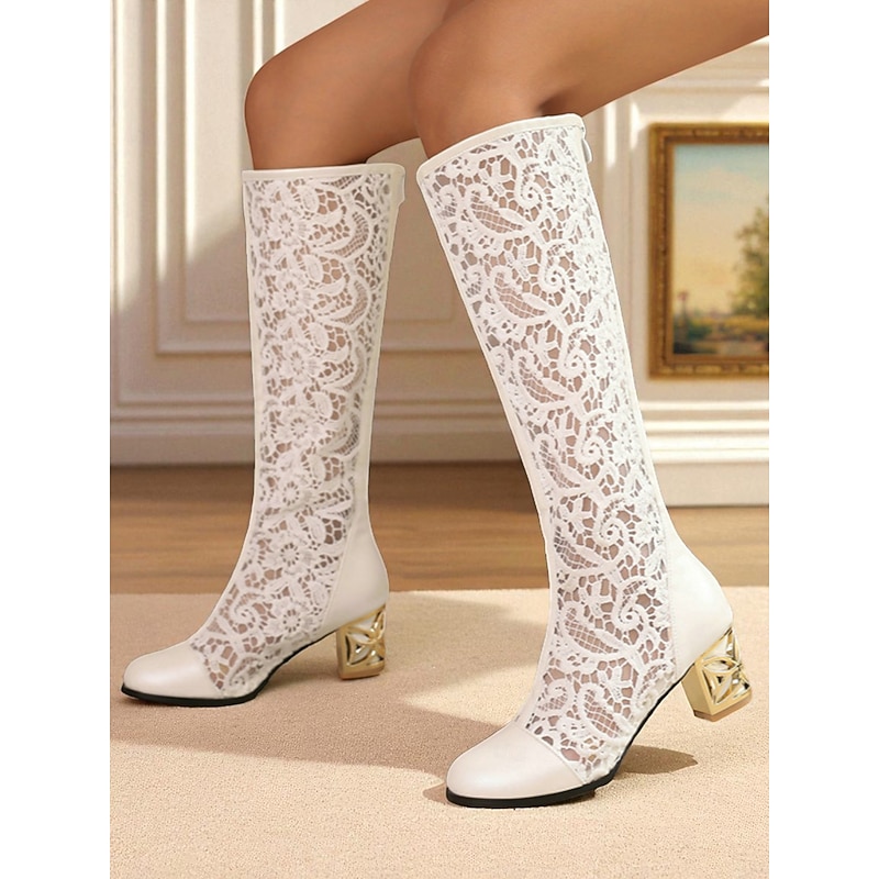 Women's White Lace Mid-Calf Boots with Hollow Carved Gold Heels - Elegant  Style Mesh Dress Boots for  Weddings, Garden Parties and Victorian Cosplay2