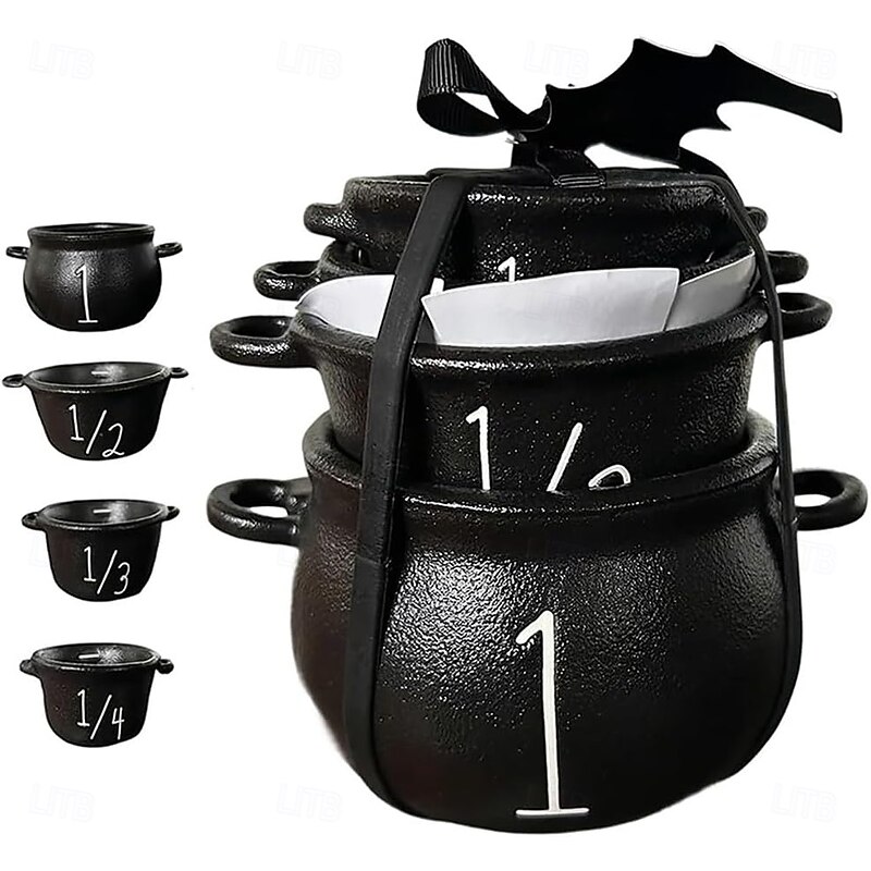 Halloween Mini Witch Cauldron Set Metal Black Small Cauldron With Handle 1, 1/2, 1/3, and 1/4, Halloweens Pot Candy Holder for Halloween & Party Favors Decor