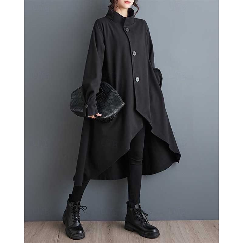 Women's Trench Coat Warm Comfortable Pocket Irregular Hem Buttons Fashion Plain Casual Daily Park Single Breasted Long Stand Collar Regular Fit Long Sleeve Outerwear Black Fall2