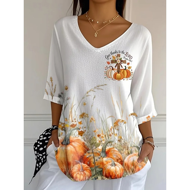 Halloween Women's Blouse Pumpkin Daily Casual 3/4 Length Sleeve V Neck Regular Tops Daily Holiday Print White Summer Spring Fall
