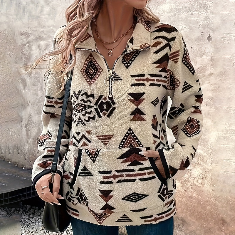 Women's Zip Up Sweatshirt Thick Warm with Pockets Long Sleeve Sports Geometry Top For Outdoor Travel Vacation Activewear