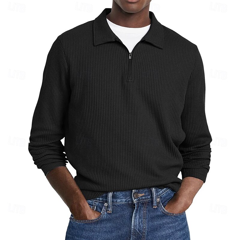 Men's Waffle Polo Shirts Street Casual Zip Lapel Long Sleeve Basic Modern Plain Textured Buttons Spring Fall Black White Red Navy Blue Purple Brown Waffle Polo Shirts4